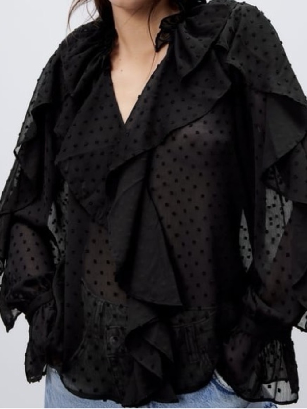 Zara Black Swiss Dot Ruffle Blouse Size M - Picture 1 of 4